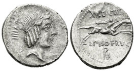 L. Piso Frugi. Denarius circa 90, AR 19.50 mm., 3.80 g.
Laureate head of Apollo r.; behind, numeral. Rev. Horseman galloping r., holding torch in upr...