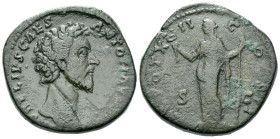 Marcus Aurelius caesar, 139-161 Sestertius Rome 157-158, Æ 32.00 mm., 23.61 g.
Bare head r. Rev. Felicitas standing l., holding caduceus and cornucop...