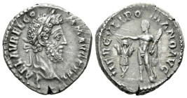 Commodus, 177-192 Denarius Rome circa 192, AR 117.00 mm., 2.99 g.
Laureate head r. Rev. Hercules standing l., holding club and lion skin, and placing...