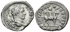 Caracalla, 198-217 Denarius Rome 208, AR 20.00 mm., 3.60 g.
Laureate head r. Rev. Caracalla riding horse r., holding transverse spear. C 511. RIC 107...