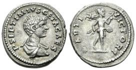 Geta caesar, 198-209 Denarius Laodicea circa 203, AR 19.00 mm., 3.82 g.
Bare-headed and draped bust r. Rev. Mars advancing r., holding trophy over sh...