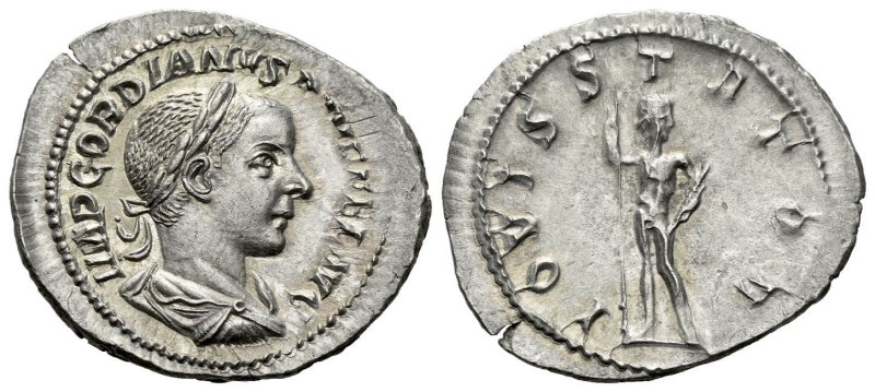 Gordian III, 238-244 Denarius Rome circa 242-243, AR 22.00 mm., 2.71 g.
Laureat...