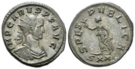 Carus, 282-283 Antoninianus Ticinum 282-283, billon 22.00 mm., 4.32 g.
Radiate, draped and cuirassed bust r. Rev. Spes advancing l., holding flower. ...