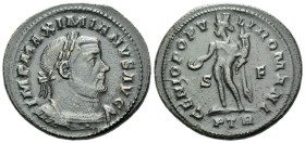 Maximianus Herculius, first reign 286-305 Follis Treveri circa 302-303, Æ 27.00 mm., 8.77 g.
Laureate and cuirassed bust r. Rev. Genius standing l., ...