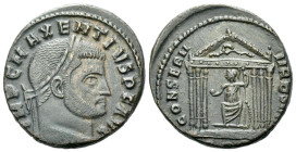 Maxentius, 306-312 Follis Rome circa 308-309, Æ 24.00 mm., 7.14 g.
Laureate head r. Rev. Hexastyle temple, with wreath in pediment and containing Rom...