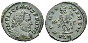 Licinius, 308-324 Follis Londinium circa 313-314, Æ 20.00 mm., 3.32 g.
Laureate and cuirassed bust r. Rev. Genius standing l., wearing modius on head...