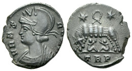 Constantine I, 307-337 Follis Treveri circa 333-334, Æ 18.00 mm., 2.31 g.
Helmeted bust of Roma l., wearing imperial mantle. Rev. She-wolf standing l...