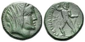Bruttium, Petelia Bronze circa 280-216, Æ 19.00 mm., 7.25 g.
Veiled head of Demeter r., wearing barley wreath. Rev. ΠETHΛINΩN Zeus standing r., hurli...