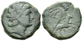 Sicily, Gela Tetras or Trionkion II-I century BC, Æ 21.00 mm., 9.38 g.
Head of the river-god Gelas r. Rev. Warrior sacrificing a ram; H to l. Calciat...