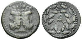 Sicily, Panormos Bronze circa 200-190, Æ 21.00 mm., 6.26 g.
Laureate and bearded head of Janus. Rev. Monogram (of quaestor) within wreath. Calciati 8...