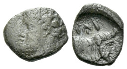 Sicily, Panormos as Ziz Litra circa 405-380, AR 9.00 mm., 0.65 g.
Horned male head l. Rev. Forepart of a man-headed bull r. SNG ANS 550. HGC 2, 1046....