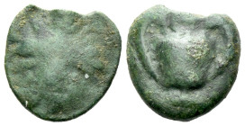 Sicily, Selinus Cast Uncia circa 450-440, Æ 13.00 mm., 2.63 g.
Kantharos; pellet above. Rev. Selinon leaf. Calciati 10. HGC 2, 1237.

Green patina ...