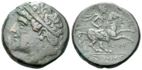 Sicily, Syracuse Bronze circa 275-216, Æ 26.00 mm., 17.42 g.
Diademed head l. Rev. Horseman riding r., holding spear; N below. Calciati 195 Rl 22. SN...