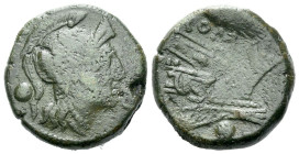 Uncia circa 214-212, Æ 18.90 mm., 6.86 g.
Head of Roma r., wearing Attic helmet; behind, pellet. Rev. ROMA Prow r.; above, corn-ear and below, pellet...