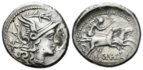 C. Maianius. Denarius circa 153, AR 17.90 mm., 3.58 g.
Helmeted head of Roma r.; behind, X. Rev. Victory in biga r., holding whip and reins; below, C...