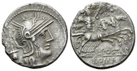 L. Postumius Albinus. Denarius circa 131, AR 18.90 mm., 3.72 g.
Helmeted head of Roma r.; below chin, * and behind, apex. Rev. Mars in quadriga r., h...