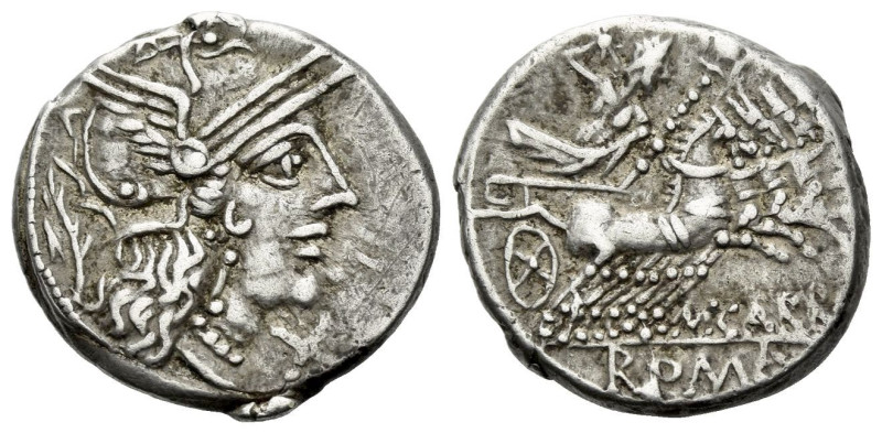 M. Papirius Carbo. Denarius circa 122, AR 18.00 mm., 3.94 g.
Helmeted head of R...