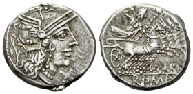 M. Papirius Carbo. Denarius circa 122, AR 18.00 mm., 3.94 g.
Helmeted head of Roma r.; behind, branch and below chin, X. Rev. Jupiter in prancing qua...