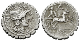 L. Pomponius Cn. f. Molo, Licinius Crassus and Cn. Domitius Ahenobarbus Denarius serratus circa 118, AR 19.40 mm., 3.73 g.
L·POM – P – ONI – C NF Hel...