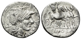 Cn Domitius Ahenobarbus. Denarius 116 or 115, AR 19.10 mm., 3.86 g.
Helmeted head of Roma r.; behind, X and before, ROMA. Rev. Jupiter in prancing qu...