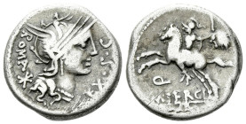 M. Sergius Silus Denarius 116 or 115, AR 17.40 mm., 3.69 g.
Helmeted head of Roma r.; behind, ROMA * and before, EX·S·C. Rev. Horseman l., holding sw...