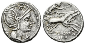 L. Flaminius Chilo D Denarius circa 109-108, AR 17.60 mm., 3.85 g.
Helmeted head of Roma r.; behind, ROMA and below chin, X. Rev. Victory in prancing...