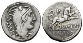 L. Thorius Balbus Denarius circa 105, AR 19.00 mm., 3.86 g.
Head of Juno Sospita r., wearing goats skin headdress; behind, I.S·M·R. Rev. Bull butting...