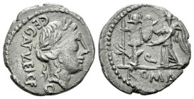 C. Egnatuleius C.f. Quinarius circa 97, AR 15.30 mm., 1.80 g.
C·EGNATVLEI·C·F·Q Laureate head of Apollo r. Rev. Victory standing l. inscribing shield...