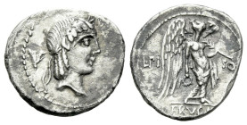 L. Piso Frugi. Quinarius circa 90, AR 14.00 mm., 1.50 g.
Laureate head of Apollo r.; behind, H. Rev. L·PI – SO Victory standing r., holding wreath in...