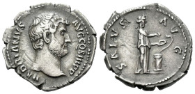 Hadrian, 117-138 Denarius Rome 133-135, AR 18.00 mm., 3.28 g.
Bare head r. Rev. Salus, draped, standing r., r. hand extended, feeding out of patera s...