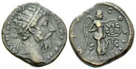 Marcus Aurelius, 161-180 Dupondius Rome 171, Æ 25.00 mm., 12.10 g.
Radiate head r. Rev. Victory standing r., fixing to a palm tree a shield inscribed...