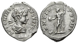 Caracalla, 198-217 Denarius Rome 200, AR 19.00 mm., 3.42 g.
Laureate, draped and cuirassed bust r. Rev. Sol standing facing, holding globe and spear....