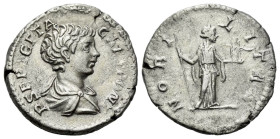 Geta caesar, 198-209 Denarius Rome circa 200-202, AR 17.00 mm., 3.32 g.
Bare-headed and draped bust r. Rev. Nobilitas standing facing, head r., holdi...