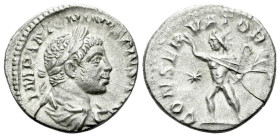 Elagabalus, 218-222 Denarius Rome 220, AR 17.00 mm., 2.68 g.
Laureate and draped bust r. Rev. Sol advancing l., raising his r. hand in salute and hol...