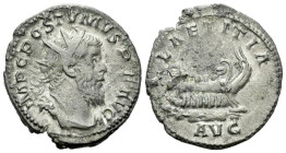 Postumus, 259-268 Antoninianus Treveri 261, AR 22.00 mm., 3.26 g.
Radiate, draped, and cuirassed bust r. Rev. LAETITIA AVG Galley l. RIC 73. Mairat 1...