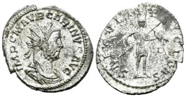 Carinus, 283-285 Antoninianus Lugdunum 283-284, billon 23.00 mm., 3.05 g.
Radiate, draped, and cuirassed bust r. Rev. Carinus standing r., holding sp...