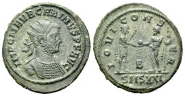 Carinus, 283-285 Antoninianus Siscia 284, Æ 22.00 mm., 4.25 g.
Radiate and cuirassed bust r. Rev. IOVI CONSER / B/ SMSXXI Carinus standing r., holdin...