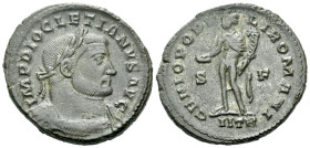 Diocletian, 284-305 Follis Treveri circa 302-303, Æ 28.00 mm., 10.74 g.
Laureate and cuirassed bust r. Rev. Genius standing l., holding patera and co...