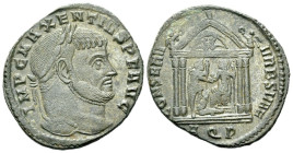 Maxentius, 306-312 Follis Aquileia circa 309-310, Æ 26.00 mm., 5.87 g.
Laureate head r. Rev. Roma, holding spear, seated l. on shield in tetrastyle t...