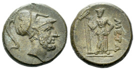 Lucania, Metapontum Bronze circa 225-200, Æ 16.00 mm., 4.53 g.
Head of Leucippus r., wearing Corinthian helmet. Rev. META Demeter standing facing, he...