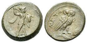 Lucania, Metapontum Bronze circa 225-200, Æ 15.00 mm., 3.67 g.
Athena Alkidemos advancing r., holding shield and hurling a thunderbolt. Rev. Owl stan...