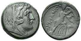 Lucania, The Lucani Double unit circa 207-204, Æ 25.00 mm., 15.03 g.
Head of Heracles r., wearing lion's skin headdress; spear-head below. Rev. ΛIYKI...