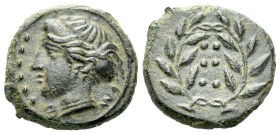 Sicily, Himera Hemiltron circa 415-409, Æ 17.00 mm., 4.18 g.
Head of nymph l., wearing sphendone; in l. field, six pellets. Rev. Six pellets within w...