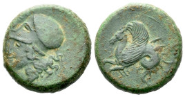 Sicily, Syracuse Bronze circa 400-390, Æ 18.00 mm., 6.43 g.
Head of Athena l., wearing Corinthian helmet. Rev. Hippocamp l. Calciati 34. SNG ANS 434....