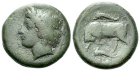 Sicily, Syracuse Bronze circa 317-289, Æ 22.00 mm., 10.03 g.
Head of Kore l., wearing wreath of grain ears; torch behind. Rev. Bull butting l.; AΓ an...