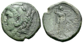 Sicily, Syracuse Bronze circa 278-276, Æ 24.00 mm., 9.18 g.
Head of Herakles l., wearing lion-skin. Rev./ Athena Promachos advancing r., holding thun...