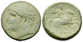 Sicily, Syracuse Bronze circa 230-215, Æ 26.00 mm., 17.62 g.
Diademed head l. Rev. Horseman galloping r., holding spear; below horse, monogram. SNG A...