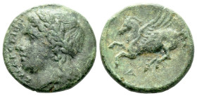 Sicily, Syracuse Bronze circa 344-317, Æ 17.00 mm., 4.89 g.
Laureate head of Apollo l. Rev. Pegasus flying left; below, Δ. SNG ANS 647. Calciati 85....