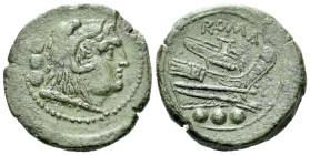 Quadrans After 211, Æ 23.50 mm., 8.93 g.
Head of Hercules r., wearing lion's skin; behind, three pellets. Rev. ROMA Prow r.; below, three pellets. Sy...