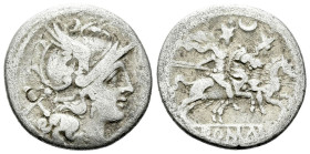 Crescent (first) series. Denarius circa 207, AR 19.30 mm., 3.65 g.
Helmeted head of Roma r.; behind, X. Rev. The Dioscuri galloping r.; above, cresce...